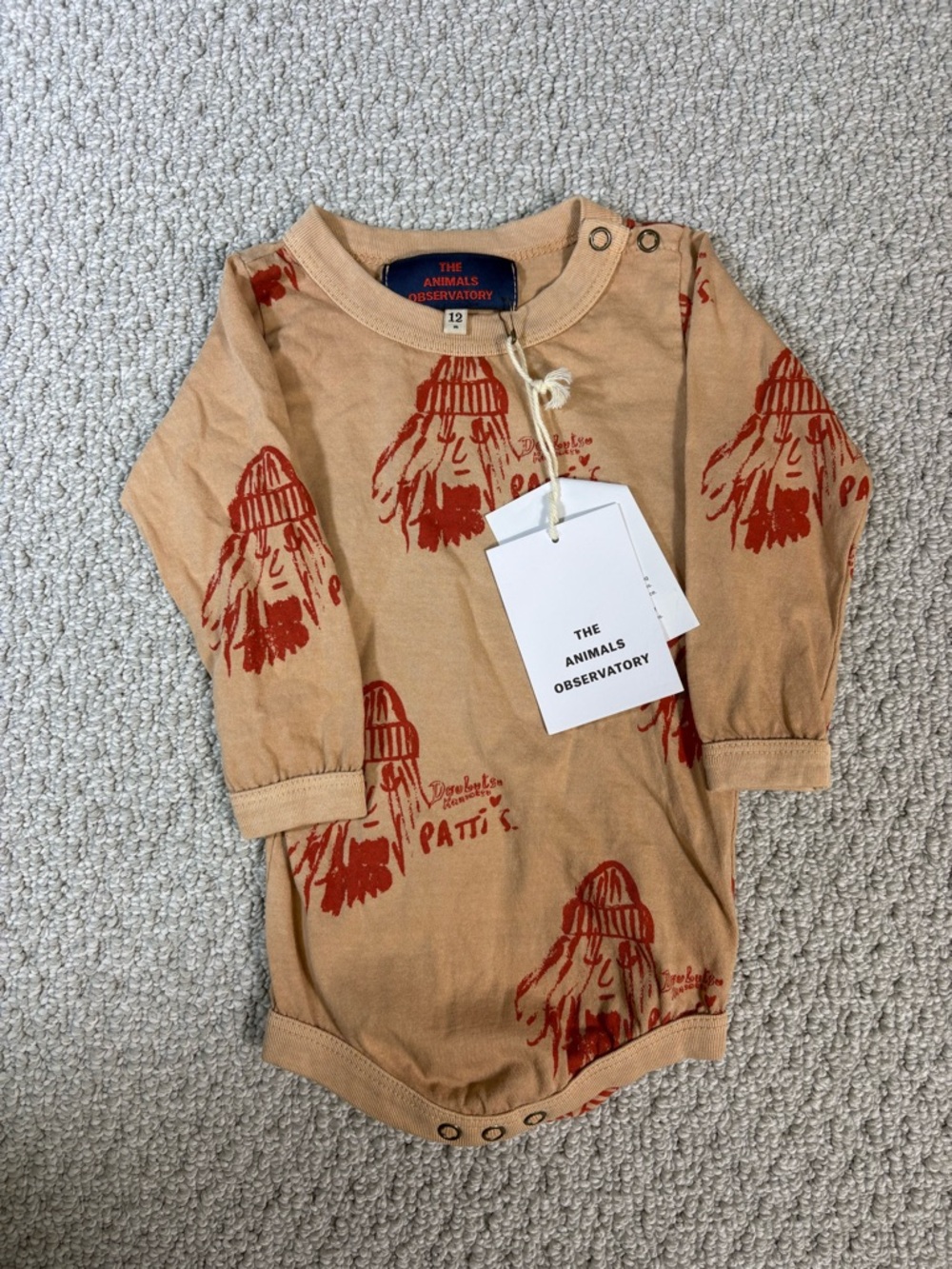 NWT The Animals Observatory Tan & Rust Printed Baby Bodysuit 12m
